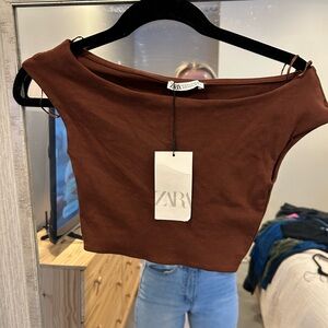 Zara Chocolate Brown Off-Shoulder Crop Top